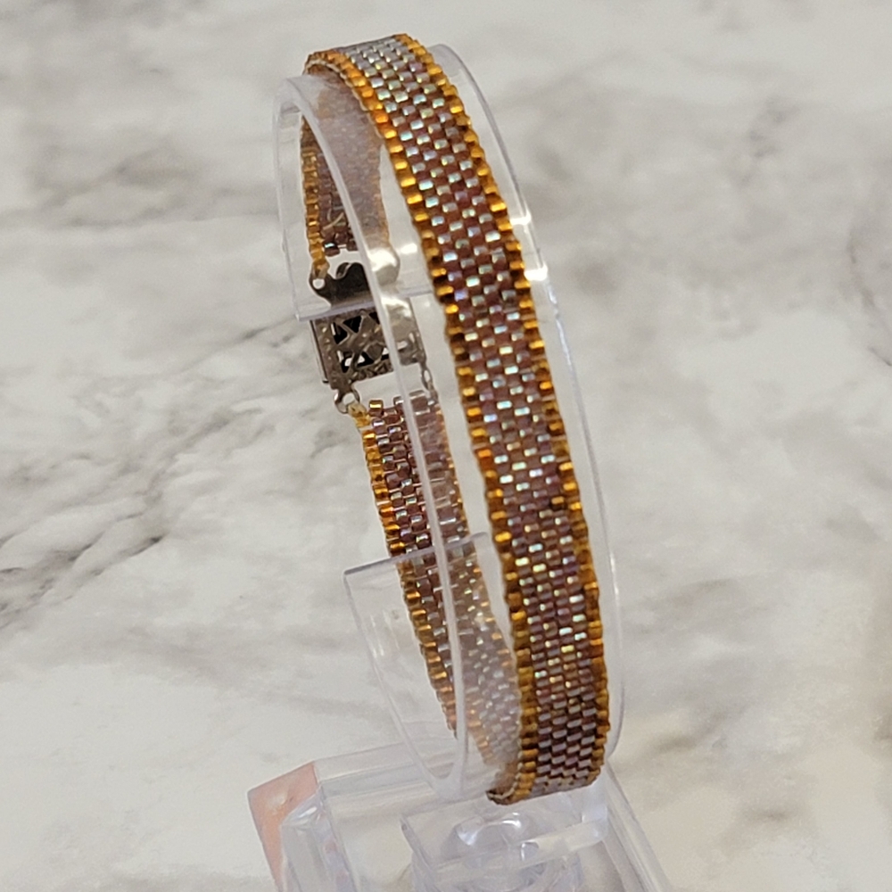 Blue & Copper Tone Seed‎ Bead Bracelet Delicate Filigree Box Clasp Iridescent